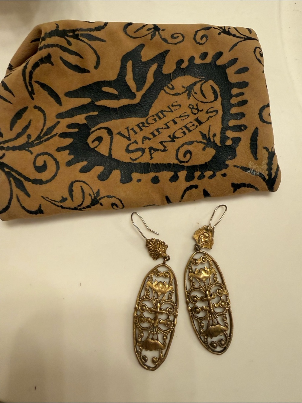 Virgins Saints & Angels Antique Gold Filigree Oval Drop Earrings